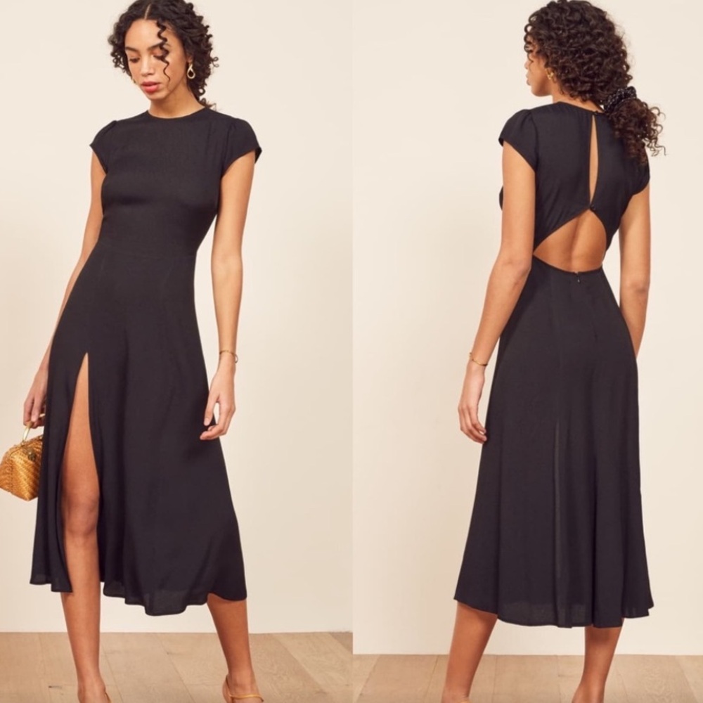 Reformation Black Midi Dress with Back Cutout and Front Slit
